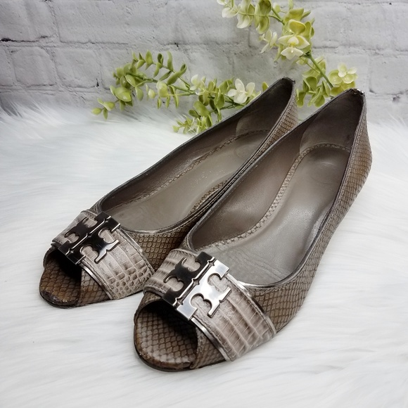 Tory Burch Shoes - Tory Burch Snakeskin Peeptoe Wedge Kitten Heel